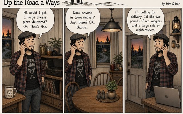 Three-panel “Up the Road a Ways” comic set in a rural New England general store. A clerk tells Josh, “You got habanero chips.” He cheerfully replies, “Yep!” She looks concerned and explains, “‘Habanero’ means they’re spicy.” Josh answers with patient resignation, “… yes, I know they’re spicy.” Relieved, she says, “Oh good. Just wanted to warn you if you didn’t know.” Josh holds an Up the Road a Ways travel mug, and the bag of Hawaiian Habanero chips remains on the counter throughout.